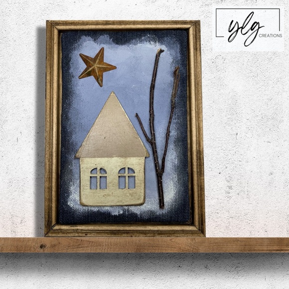 Mixed Media Wall Art | Winter Scene | House | Snow | Trees | Stars | 3D | 6 x 8" - Picture 1 of 5